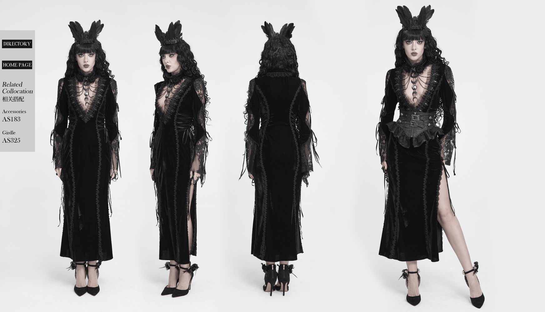 Elegant Victorian Black Velvet Maxi Dress with Lace, dark gothic gown with sheer sleeves, ruffled collar, and thigh-high slit