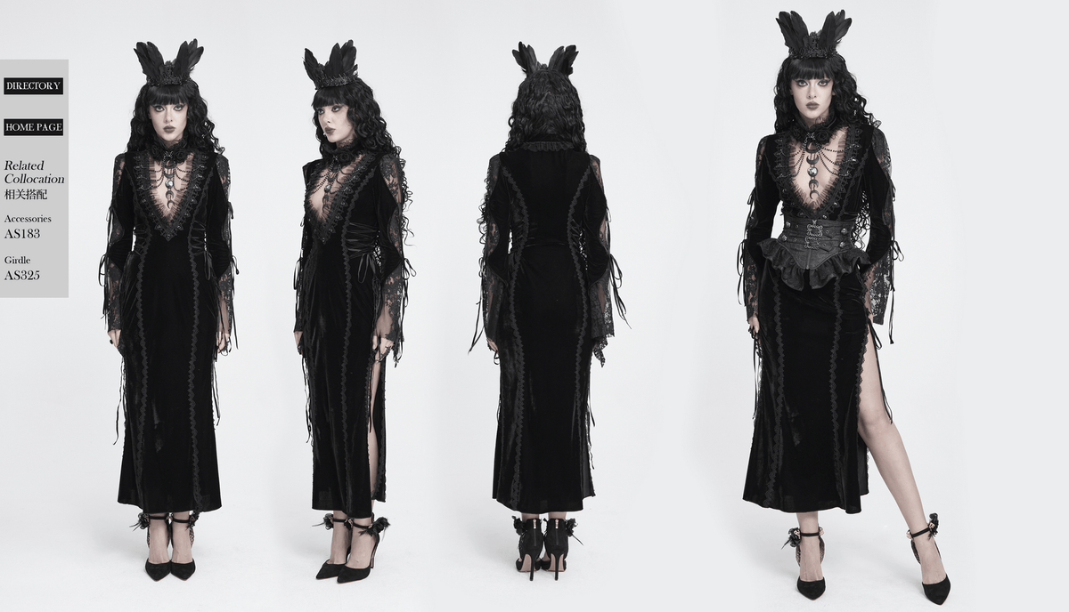 Elegant Victorian Black Velvet Maxi Dress with Lace, dark gothic gown with sheer sleeves, ruffled collar, and thigh-high slit
