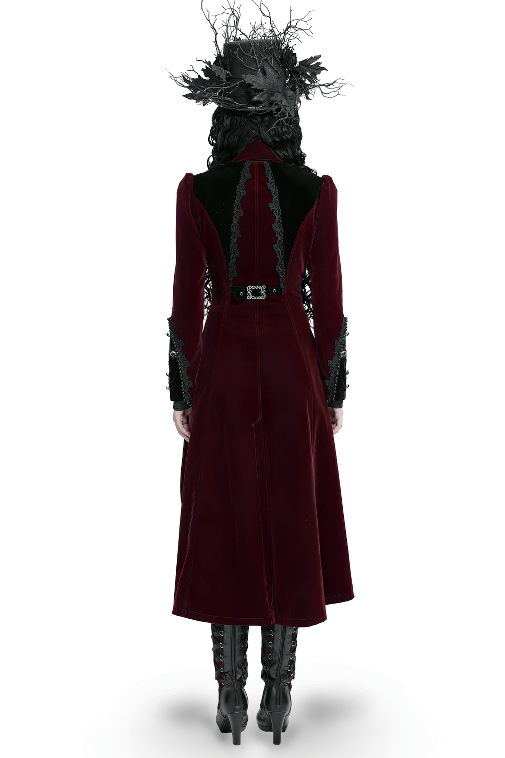 Elegant Victorian Burgundy Velvet Tailcoat with Lace, vampire aristocrat long coat with buckles and cross, gothic back view