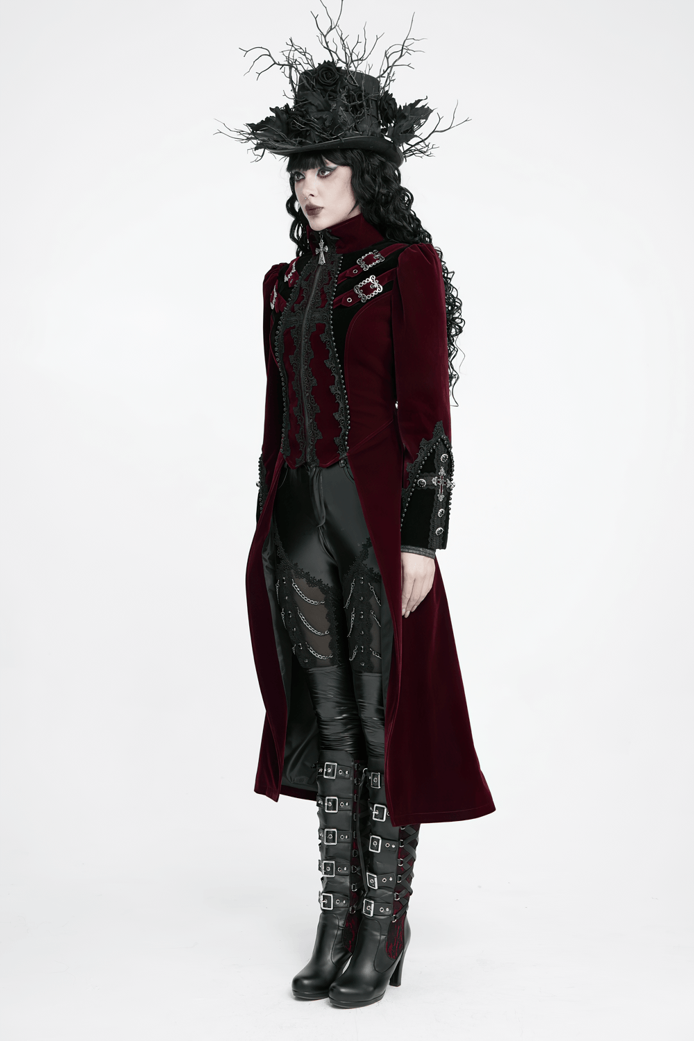 Elegant Victorian Burgundy Velvet Tailcoat with Lace, gothic vampire aristocrat coat with buckles and cross