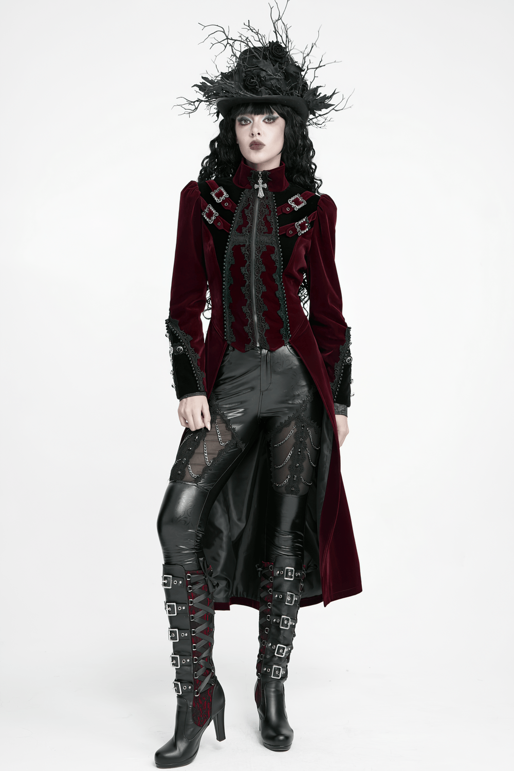 Elegant Victorian Burgundy Velvet Tailcoat with Lace, gothic vampire aristocrat coat with buckles, cross and black lace