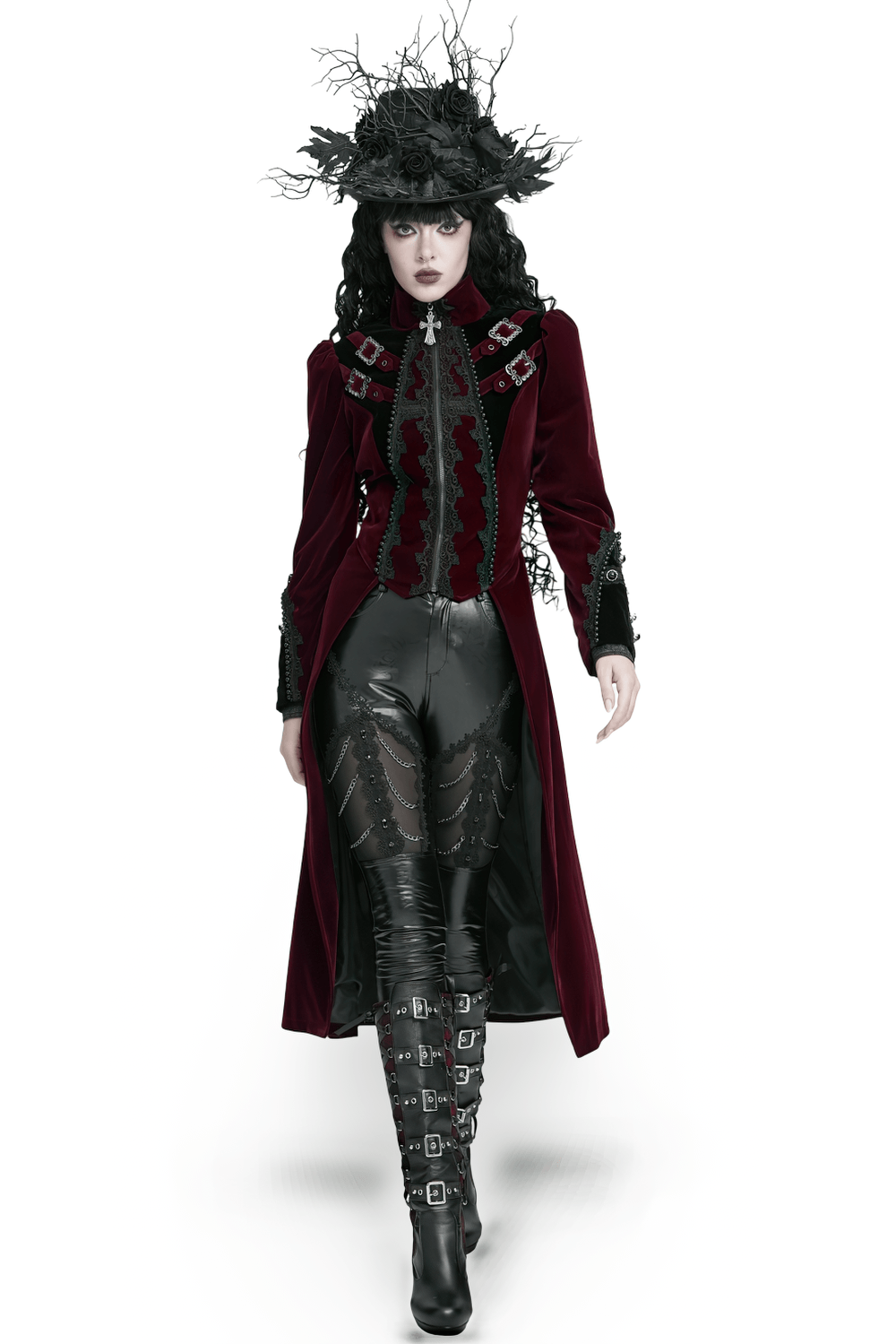 Elegant Victorian Burgundy Velvet Tailcoat with Lace gothic vampire aristocrat coat with buckles and cross