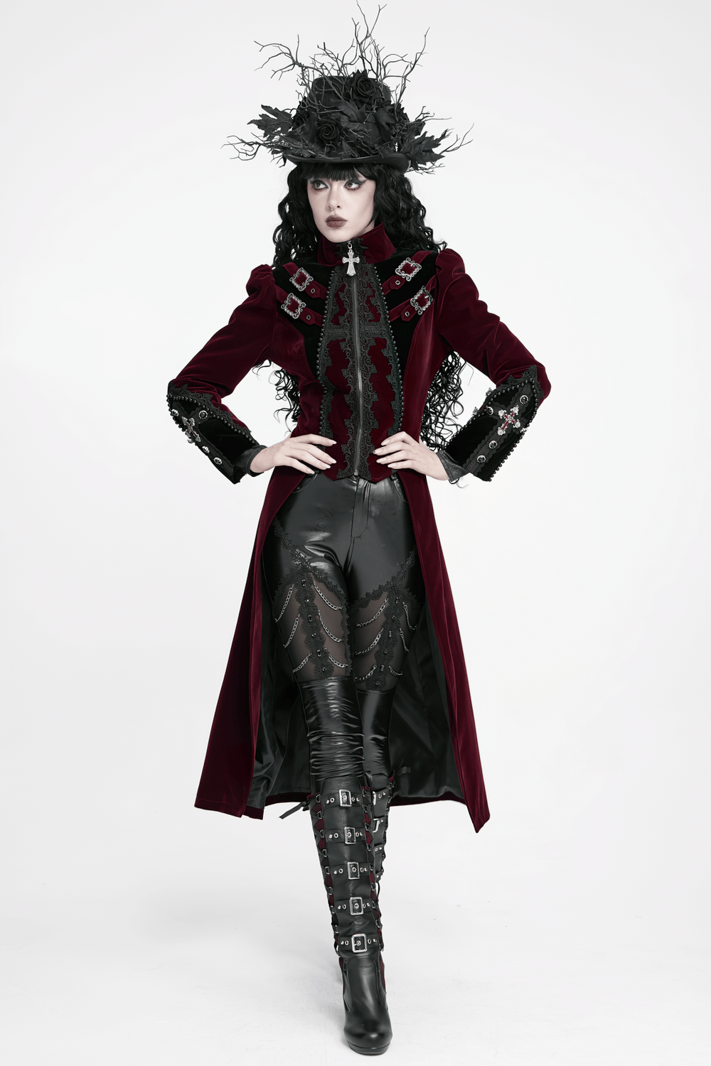 Elegant Victorian Burgundy Velvet Tailcoat with Lace, gothic vampire aristocrat coat with buckles and cross