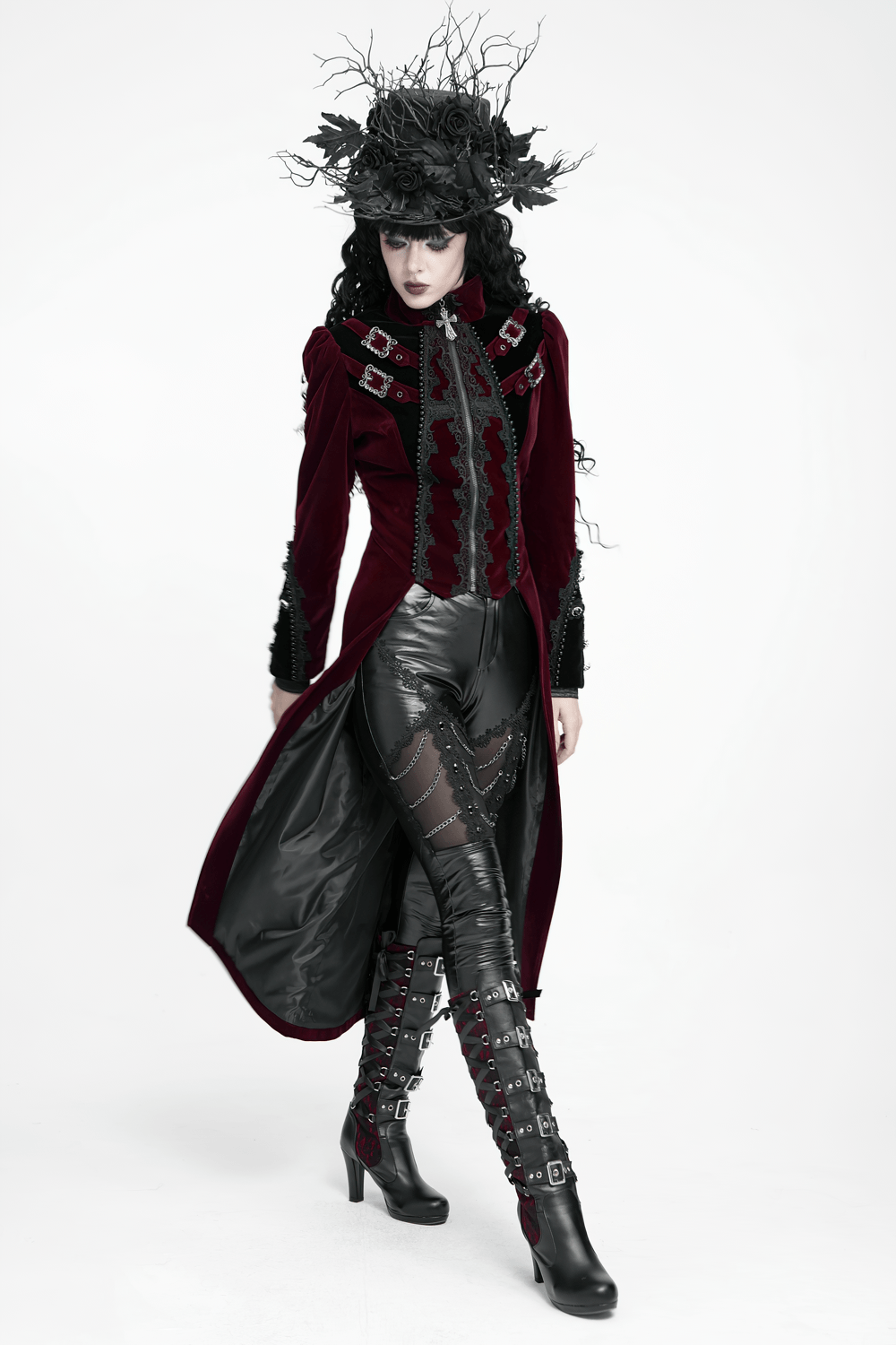 Elegant Victorian Burgundy Velvet Tailcoat with Lace, gothic vampire aristocrat coat with cross and buckles