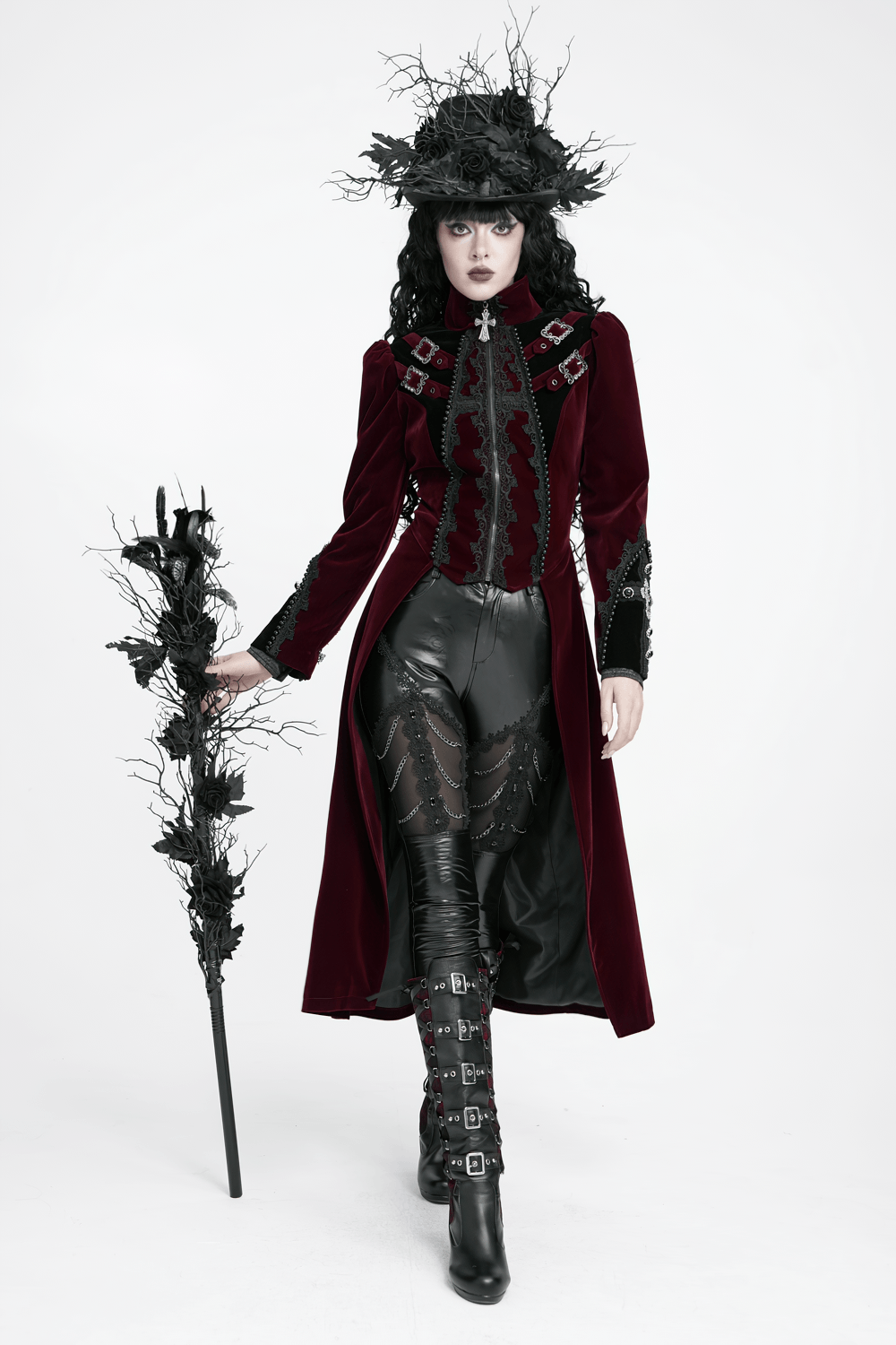 Elegant Victorian Burgundy Velvet Tailcoat with Lace vampire aristocrat coat with buckles and cross, gothic fashion model