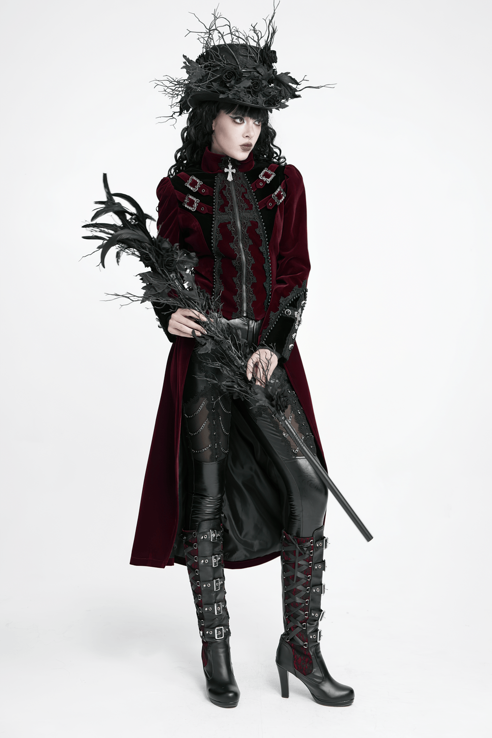 Elegant Victorian Burgundy Velvet Tailcoat with Lace gothic vampire aristocrat look, high collar and silver cross