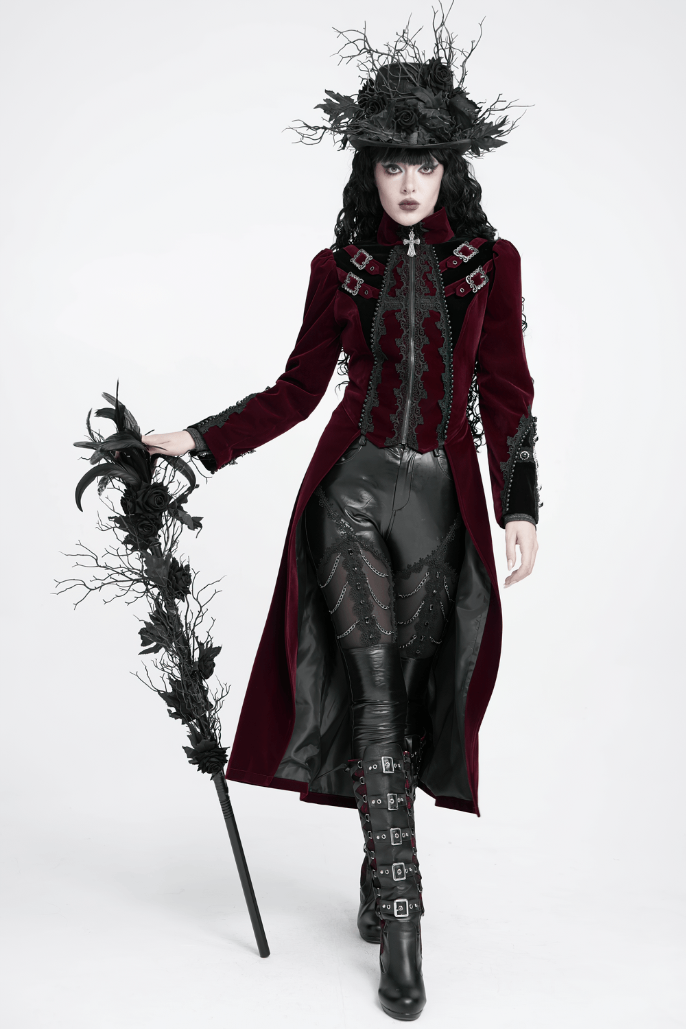 Elegant Victorian Burgundy Velvet Tailcoat with Lace gothic vampire aristocrat coat with buckles, cross, and long split tails