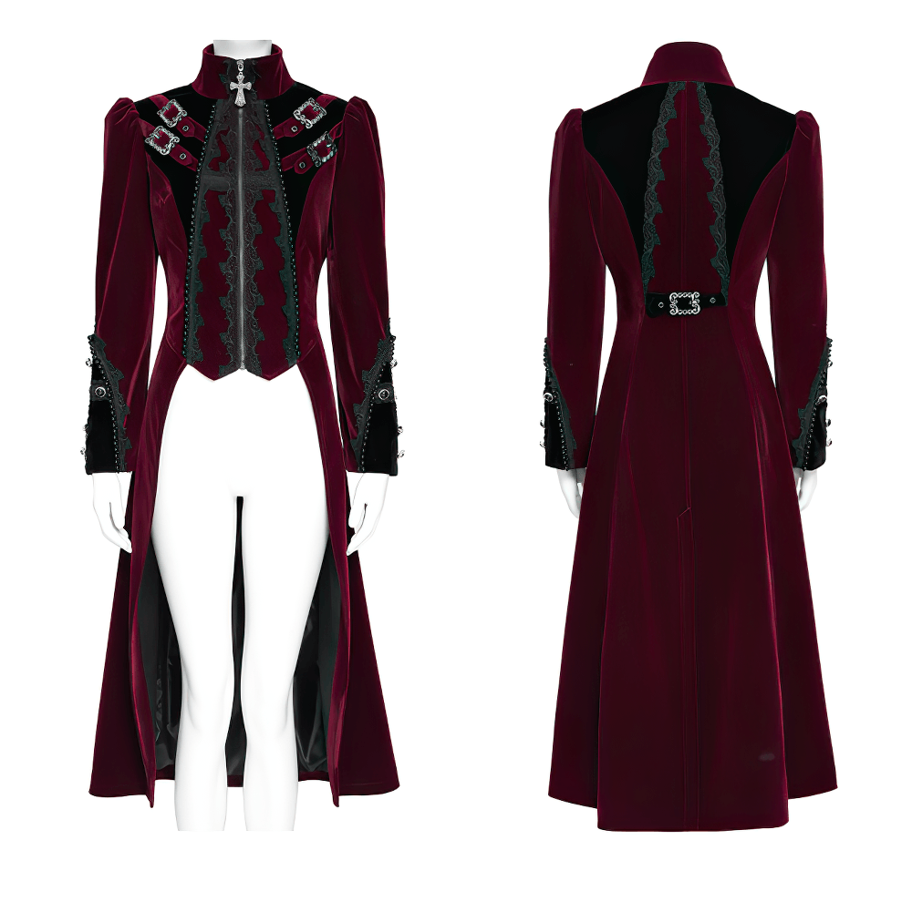 Elegant Victorian Burgundy Velvet Tailcoat with Lace, gothic vampire aristocrat long coat with buckles and cross
