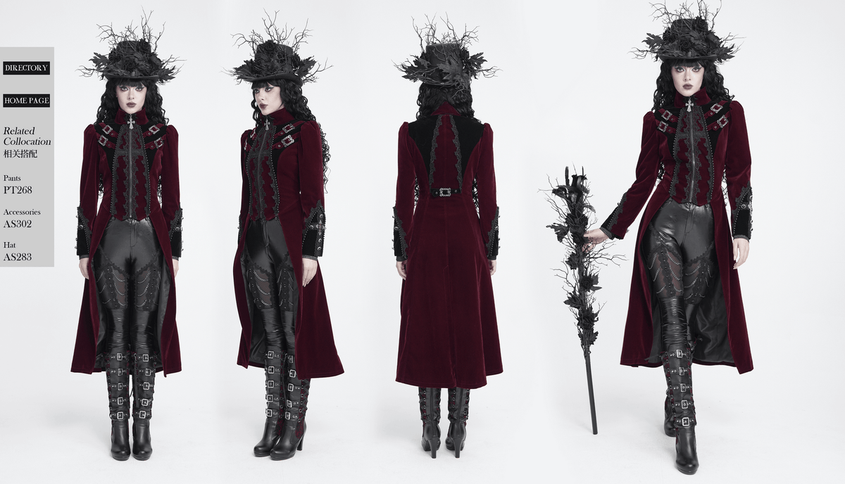 Elegant Victorian Burgundy Velvet Tailcoat with Lace, gothic vampire aristocrat coat with buckles, cross, and split tails