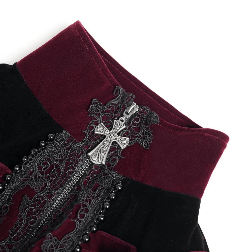 Elegant Victorian Burgundy Velvet Tailcoat with Lace, gothic vampire coat with black lace, silver cross and stand collar