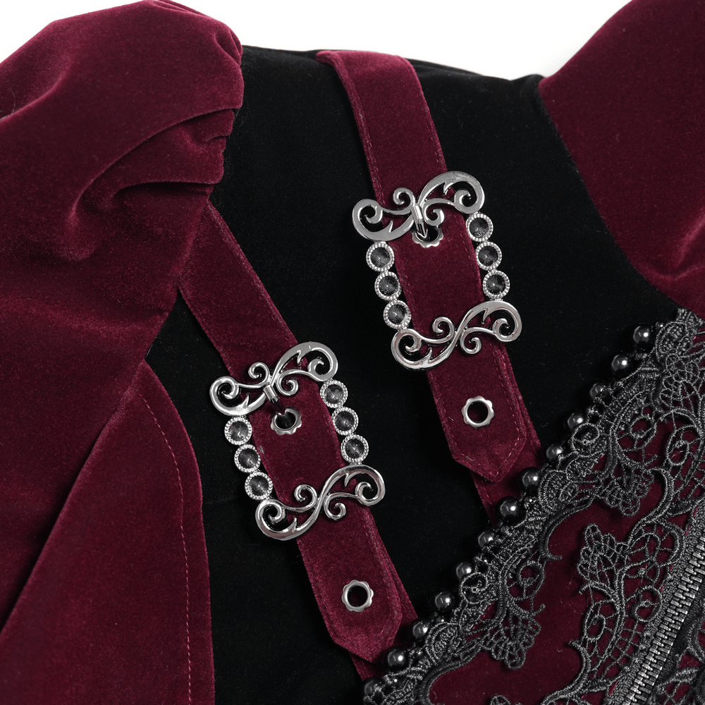 Elegant Victorian Burgundy Velvet Tailcoat with Lace, gothic vampire aristocrat coat with buckles and cross detail