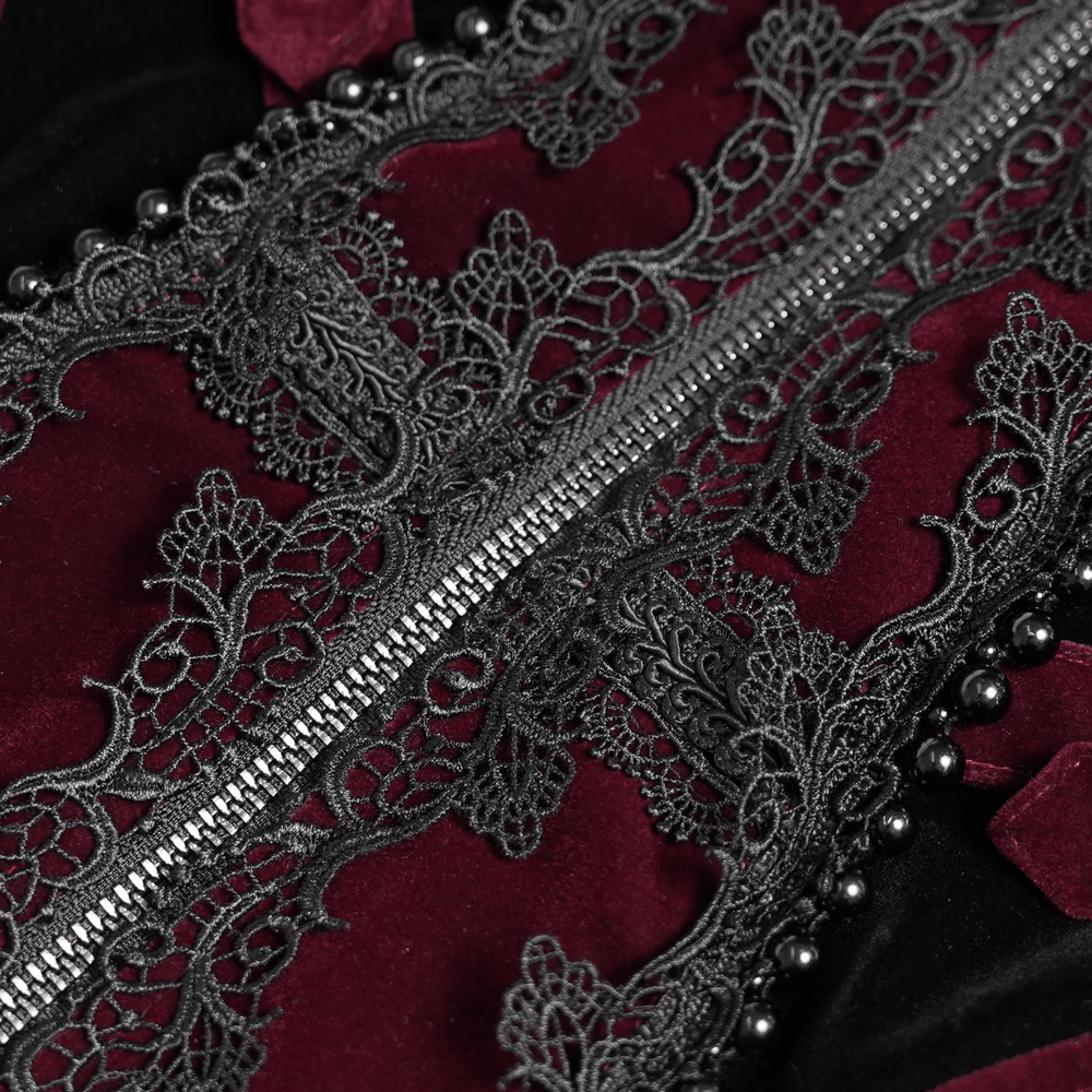 Elegant Victorian Burgundy Velvet Tailcoat with Lace, black lace appliqué and silver zipper detail