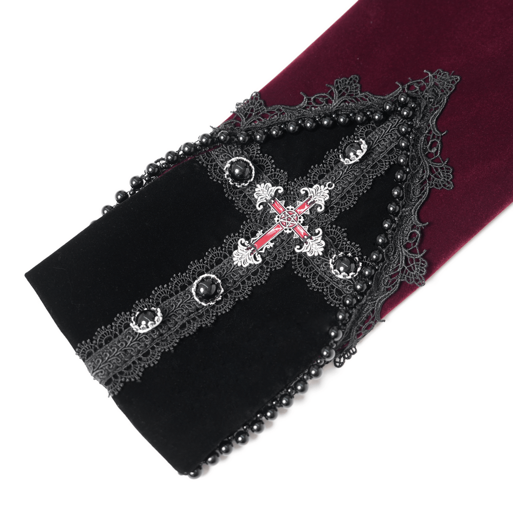 Elegant Victorian Burgundy Velvet Tailcoat with Lace, black lace appliqués, silver cross, and beaded gothic trim