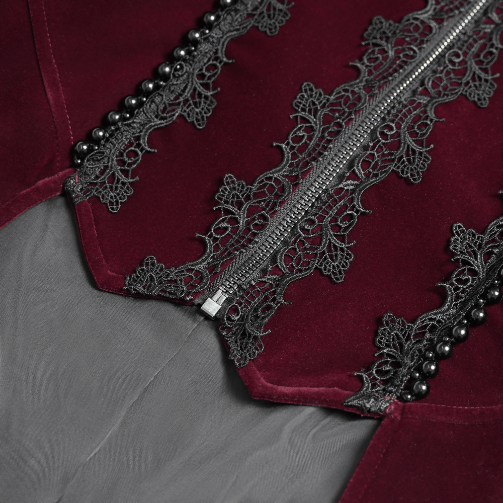 Elegant Victorian Burgundy Velvet Tailcoat with Lace, gothic vampire aristocrat long coat with black lace and silver zipper