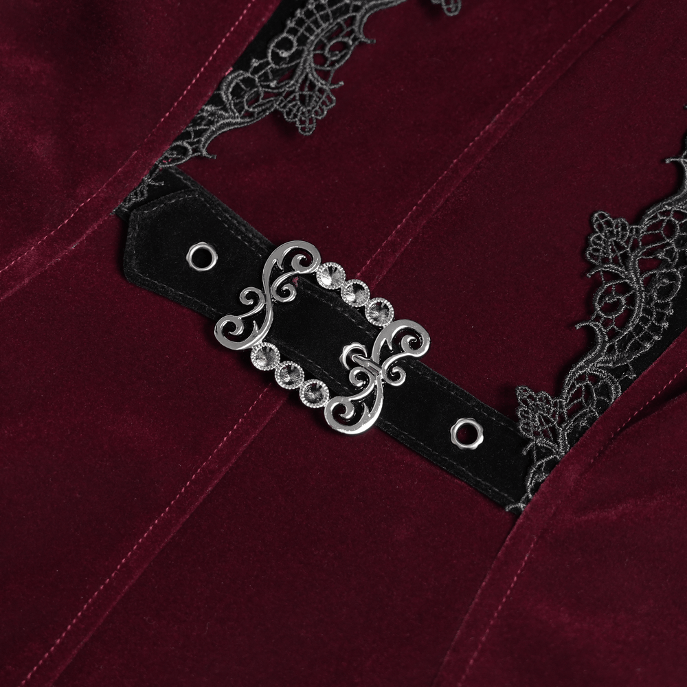 Elegant Victorian Burgundy Velvet Tailcoat with Lace, close-up of gothic buckle and black lace appliqués
