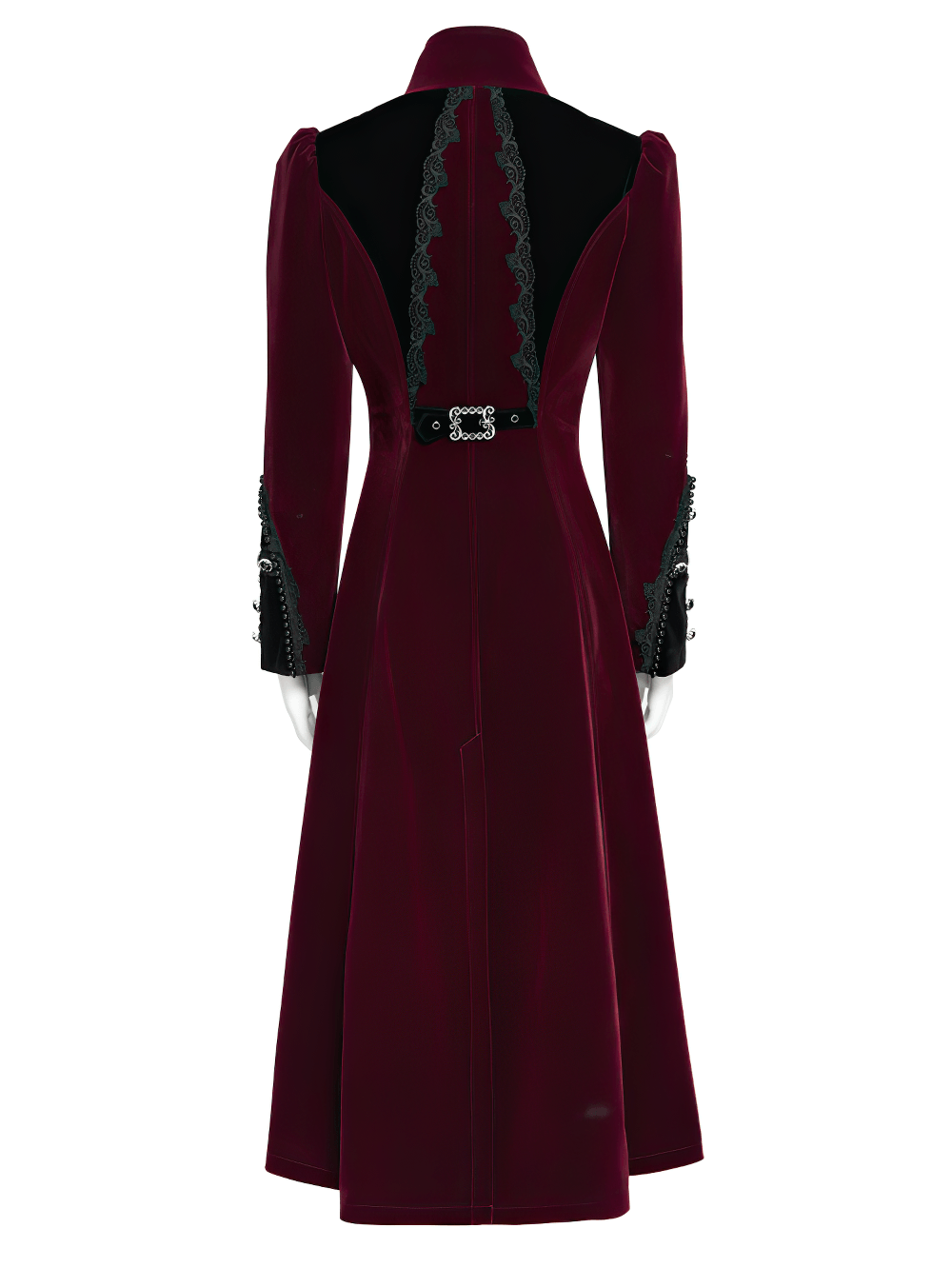Elegant Victorian Burgundy Velvet Tailcoat with Lace, gothic vampire coat with buckles, cross accent, and long split tails