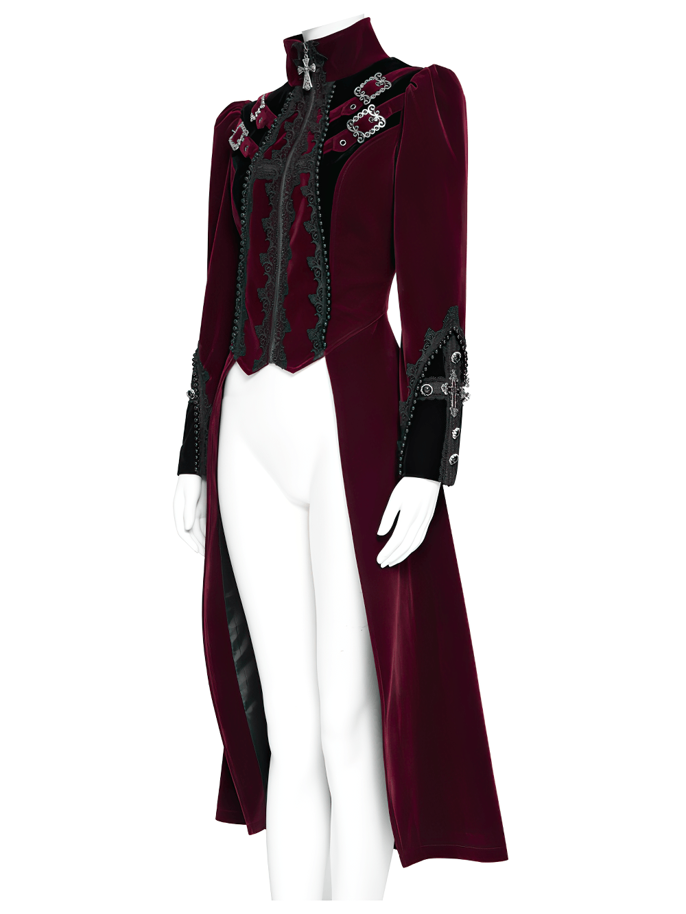 Elegant Victorian Burgundy Velvet Tailcoat with Lace, gothic vampire aristocrat coat with buckles and cross