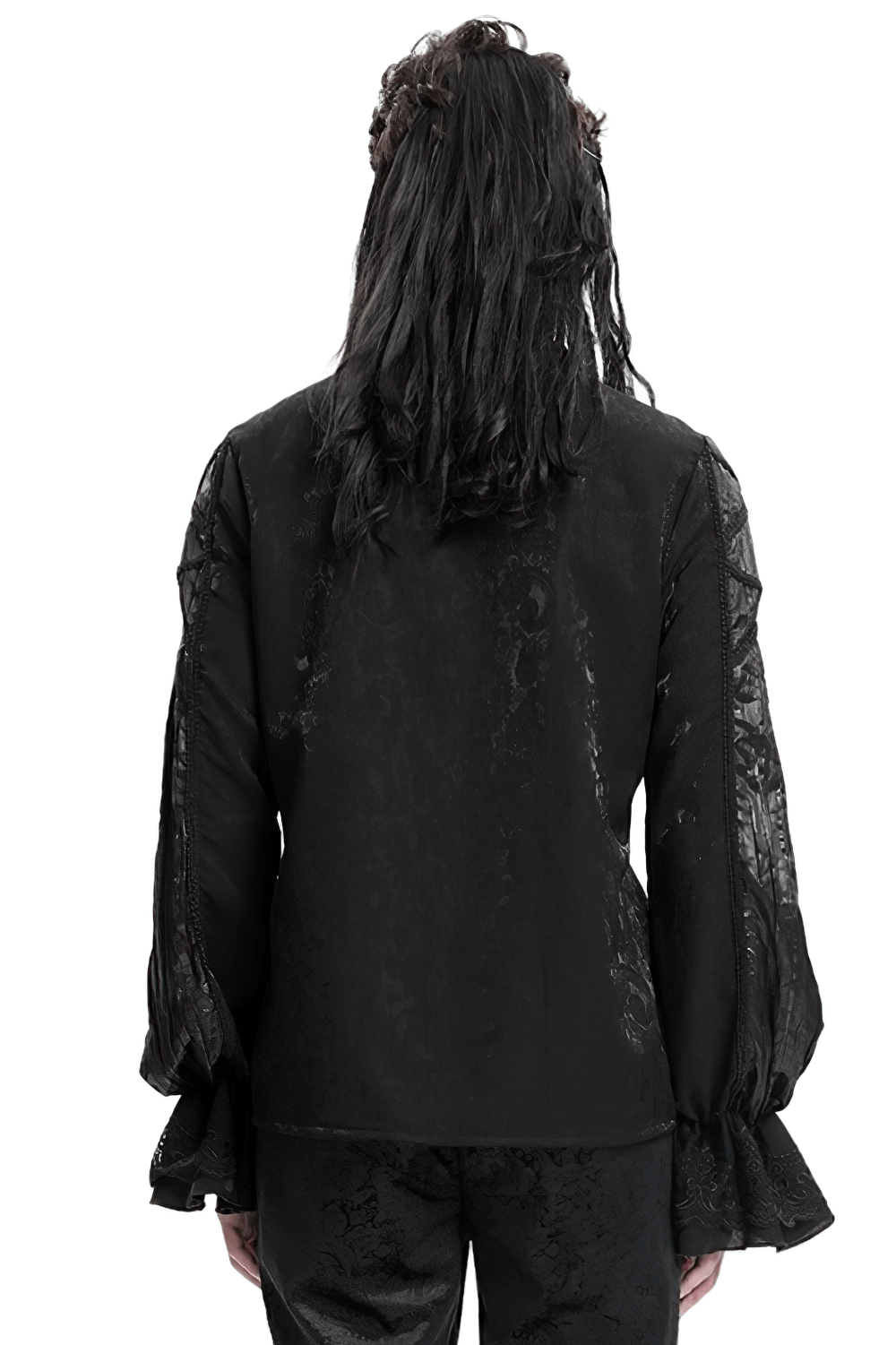 Back view of elegant Victorian Gothic black lace shirt for men, featuring flared sleeves and intricate detailing.