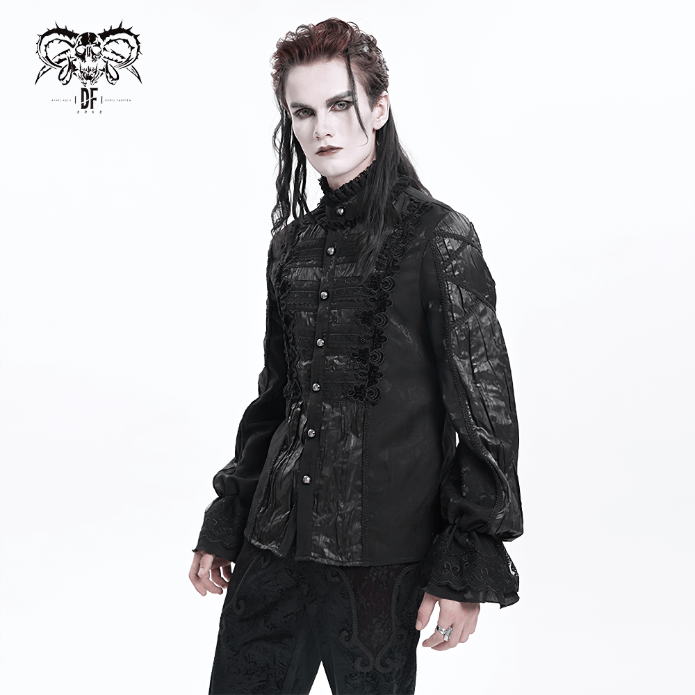 Elegant Victorian Gothic black lace shirt for men with flared sleeves and intricate button details. Perfect for bold statements.