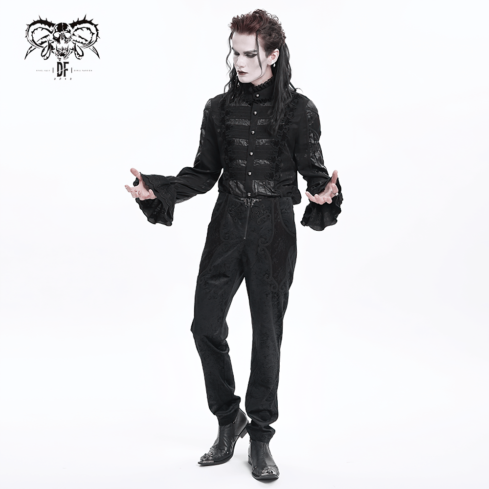 Elegant Victorian Gothic black lace shirt for men with flared sleeves and intricate details, perfect for bold fashion statements.