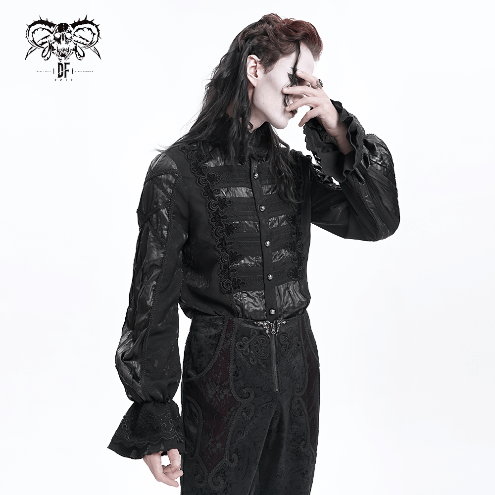 Elegant Victorian Gothic black lace shirt for men with flared sleeves and intricate detailing. Perfect for formal events.