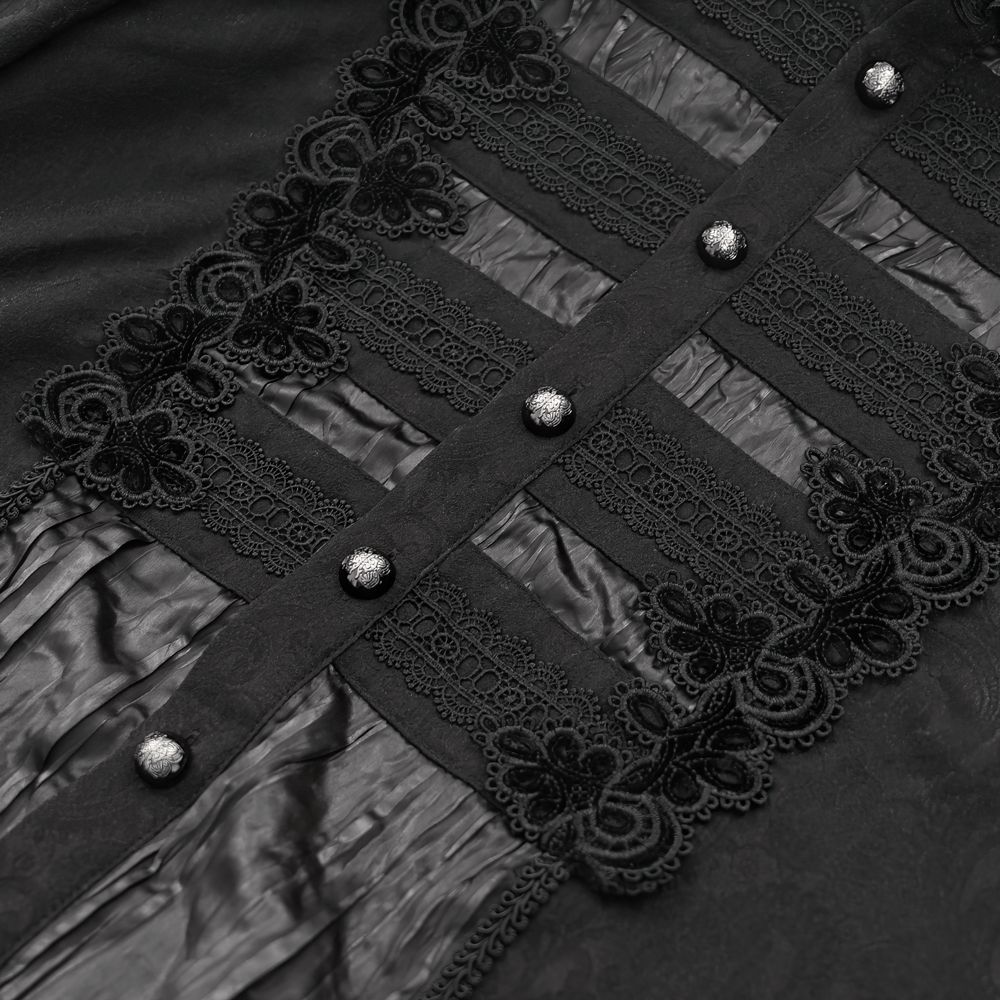 Elegant black lace detailing and button accents on a Victorian-inspired gothic shirt for men.