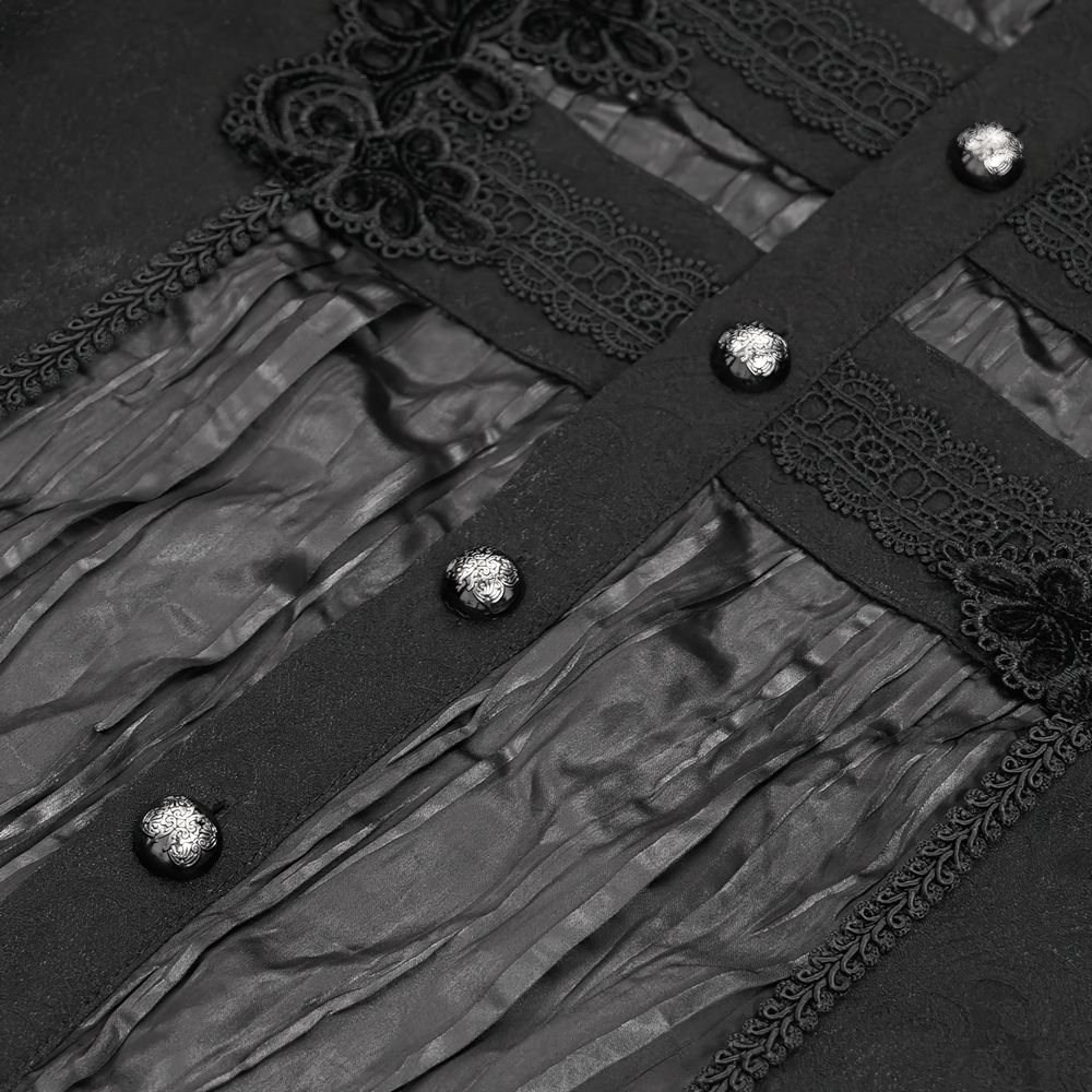 Elegant black lace shirt with intricate Victorian details and silver buttons, showcasing flared sleeves and delicate stitching.