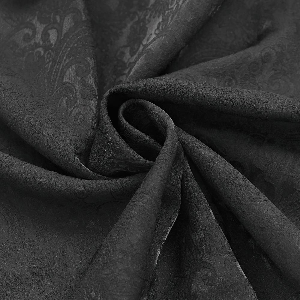 Elegant black lace fabric with intricate patterns, perfect for Victorian gothic clothing and stylish designs.