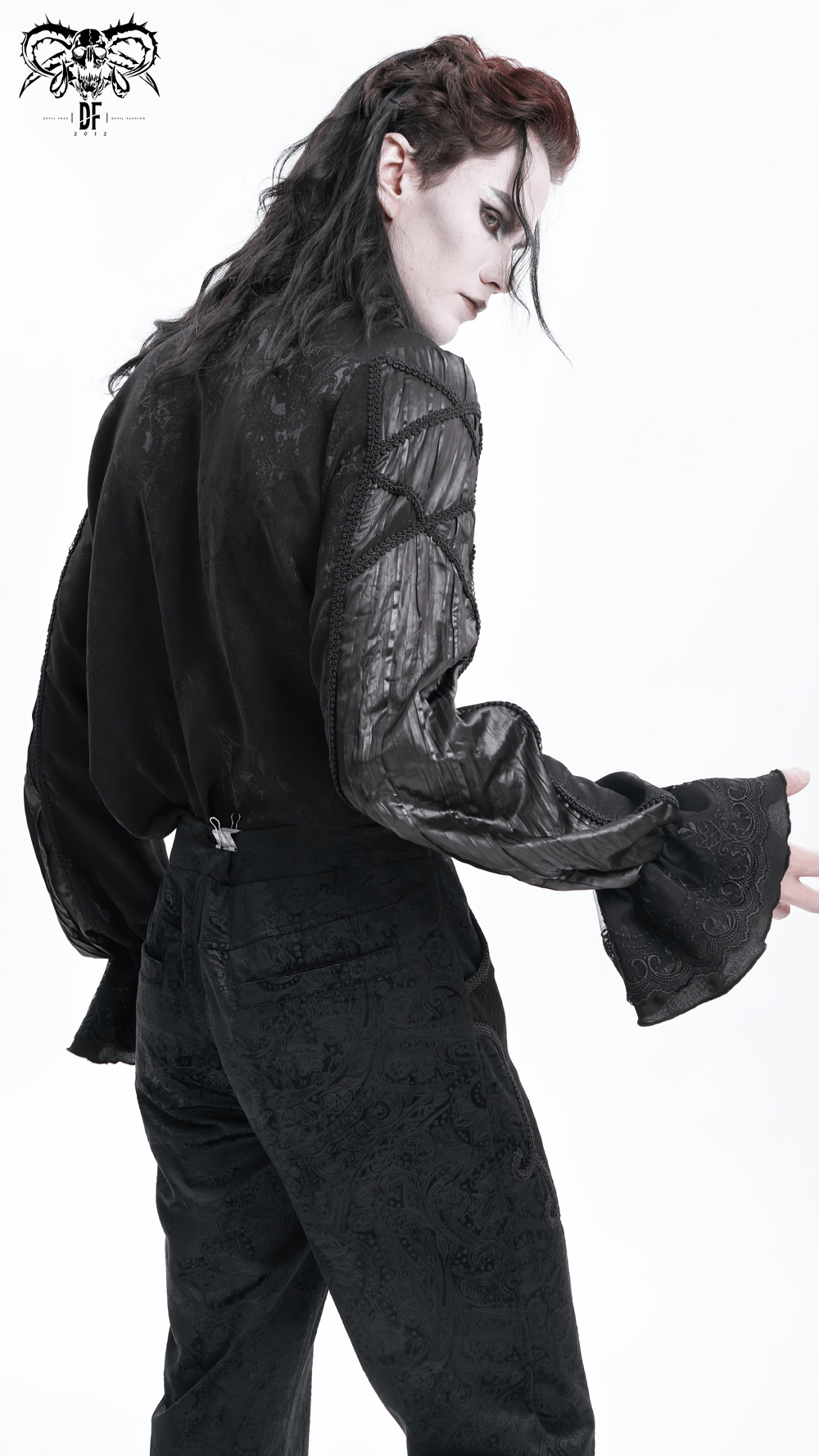 Elegant Victorian Gothic black lace shirt for men with flared sleeves and intricate detailing, perfect for bold fashion statements.