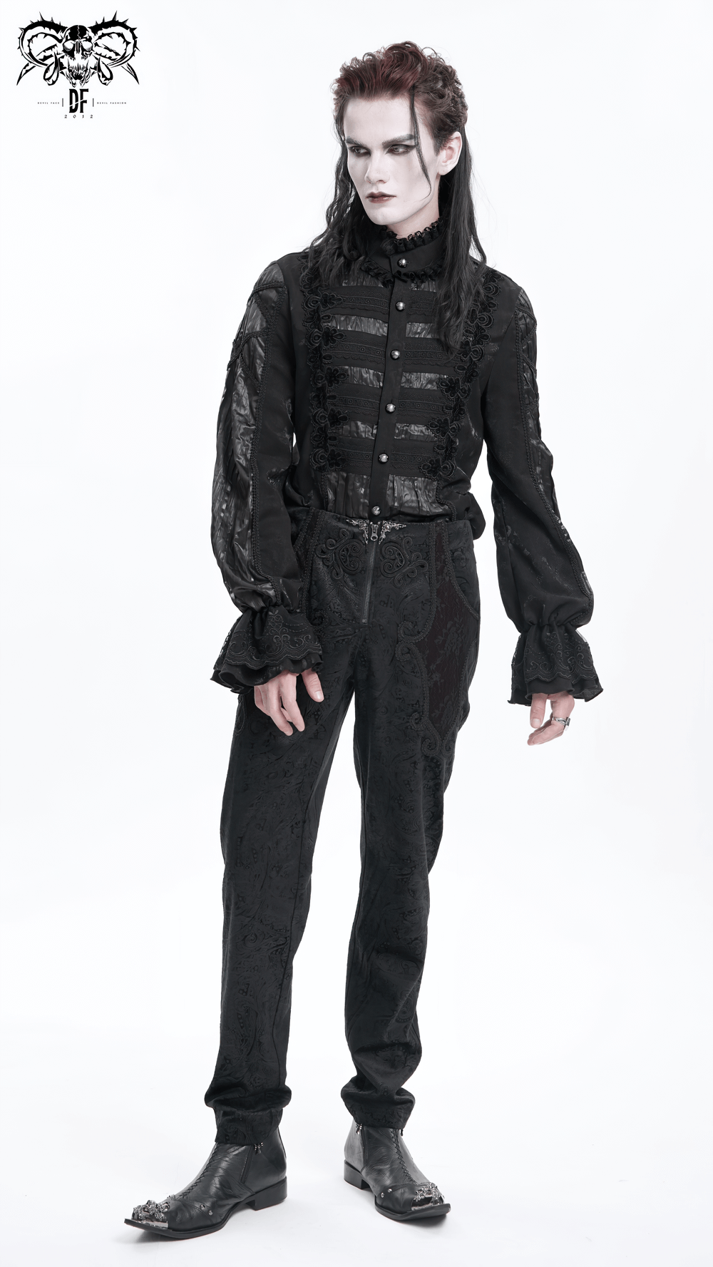 Elegant Victorian Gothic black lace shirt for men with flared sleeves and intricate button details, perfect for a bold statement.