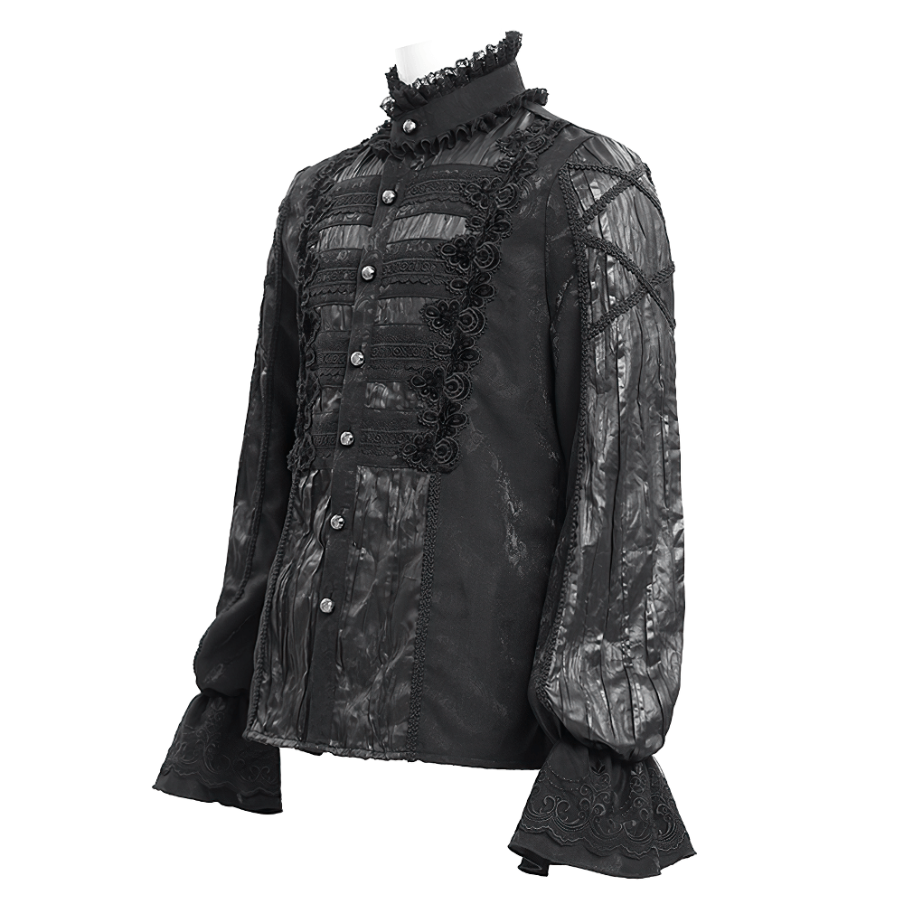 Elegant black Victorian Gothic shirt for men with lace details and flared sleeves, perfect for formal events and cosplay.