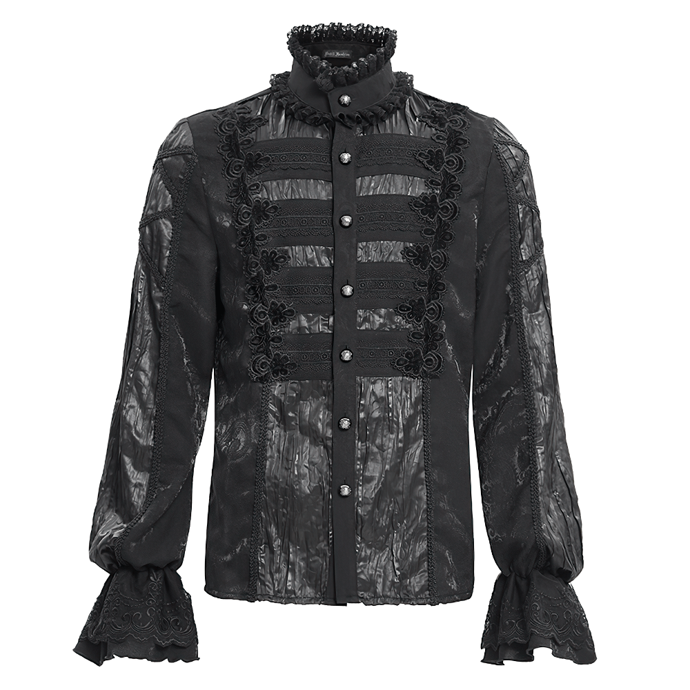 Elegant black Victorian gothic shirt for men with lace details, flared sleeves, and ruffle accents. Perfect for bold style statements.