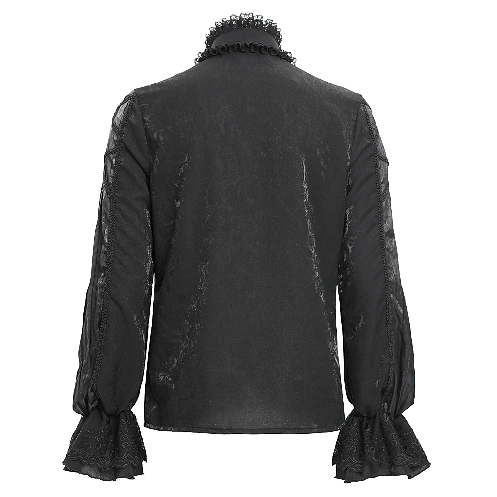 Back view of an elegant Victorian Gothic black lace shirt with flared sleeves and ruffled neckline details.