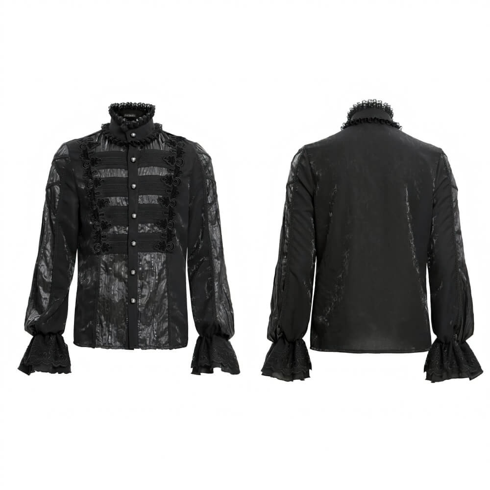 Elegant black Gothic shirt for men featuring Victorian lace details, flared sleeves, and ruffle accents, perfect for bold styles.