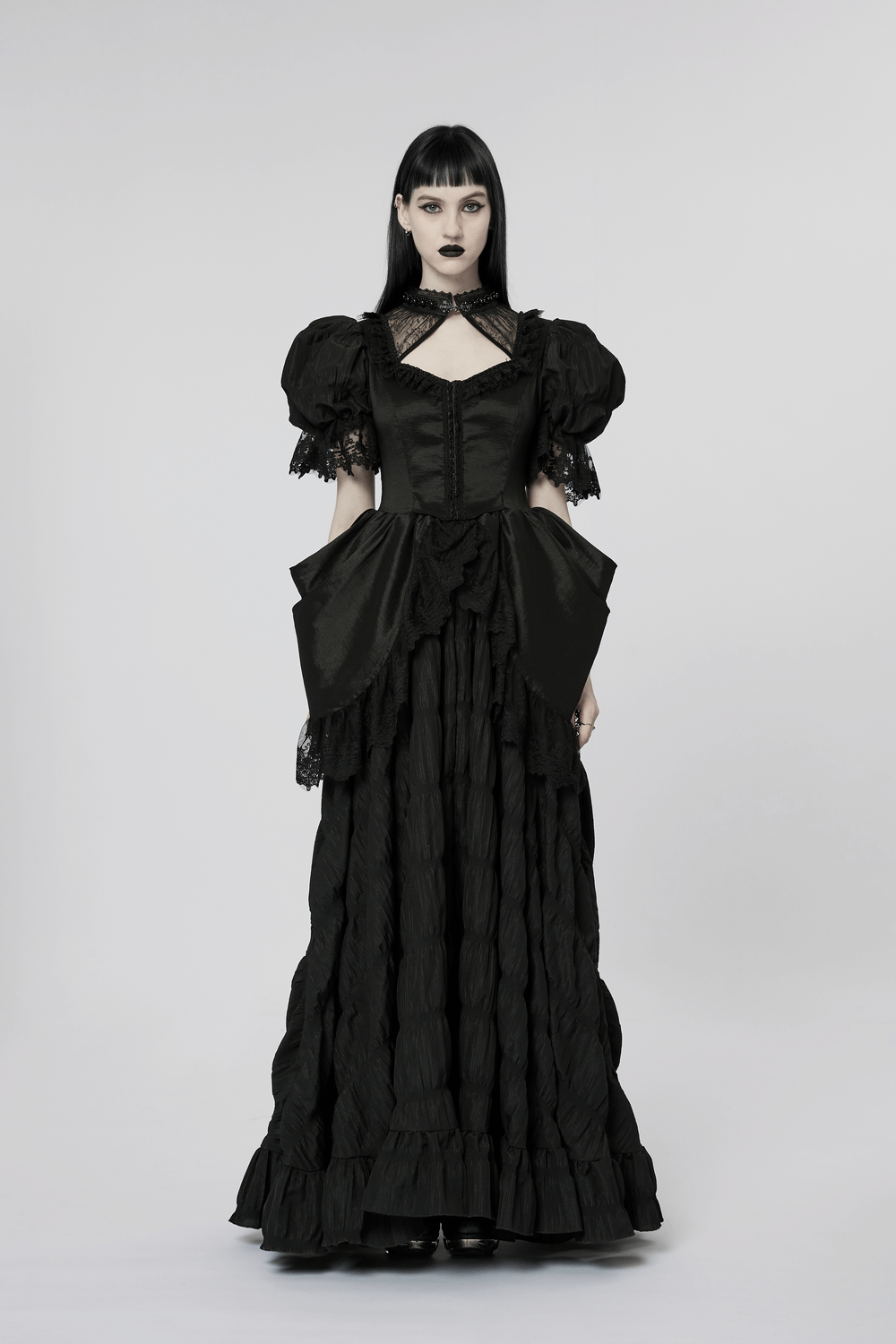 Elegant Victorian Gothic lace evening gown with bubble sleeves and seductive square neck, perfect for dark elegance.