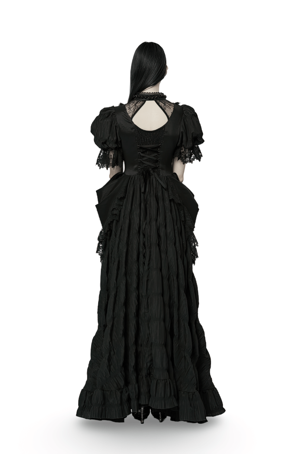 Back view of an Elegant Victorian Gothic Lace Ruffles Evening Gown in black, showcasing bubble sleeves and a voluminous skirt.