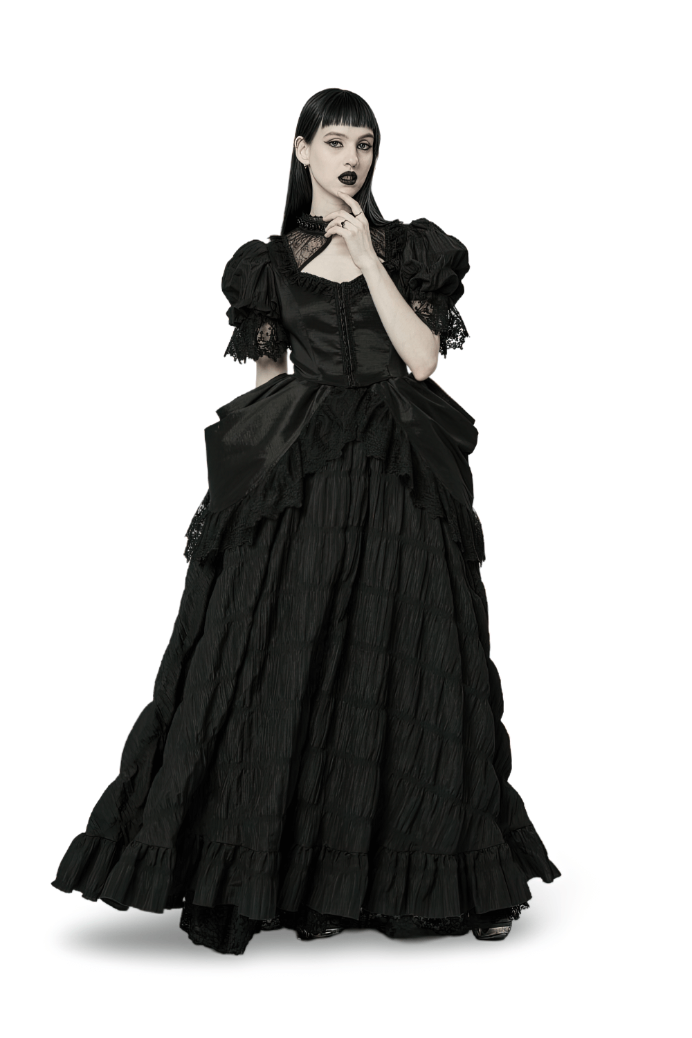 Elegant Victorian Gothic lace evening gown with bubble sleeves and ruffles, perfect for a dark, enchanting look.