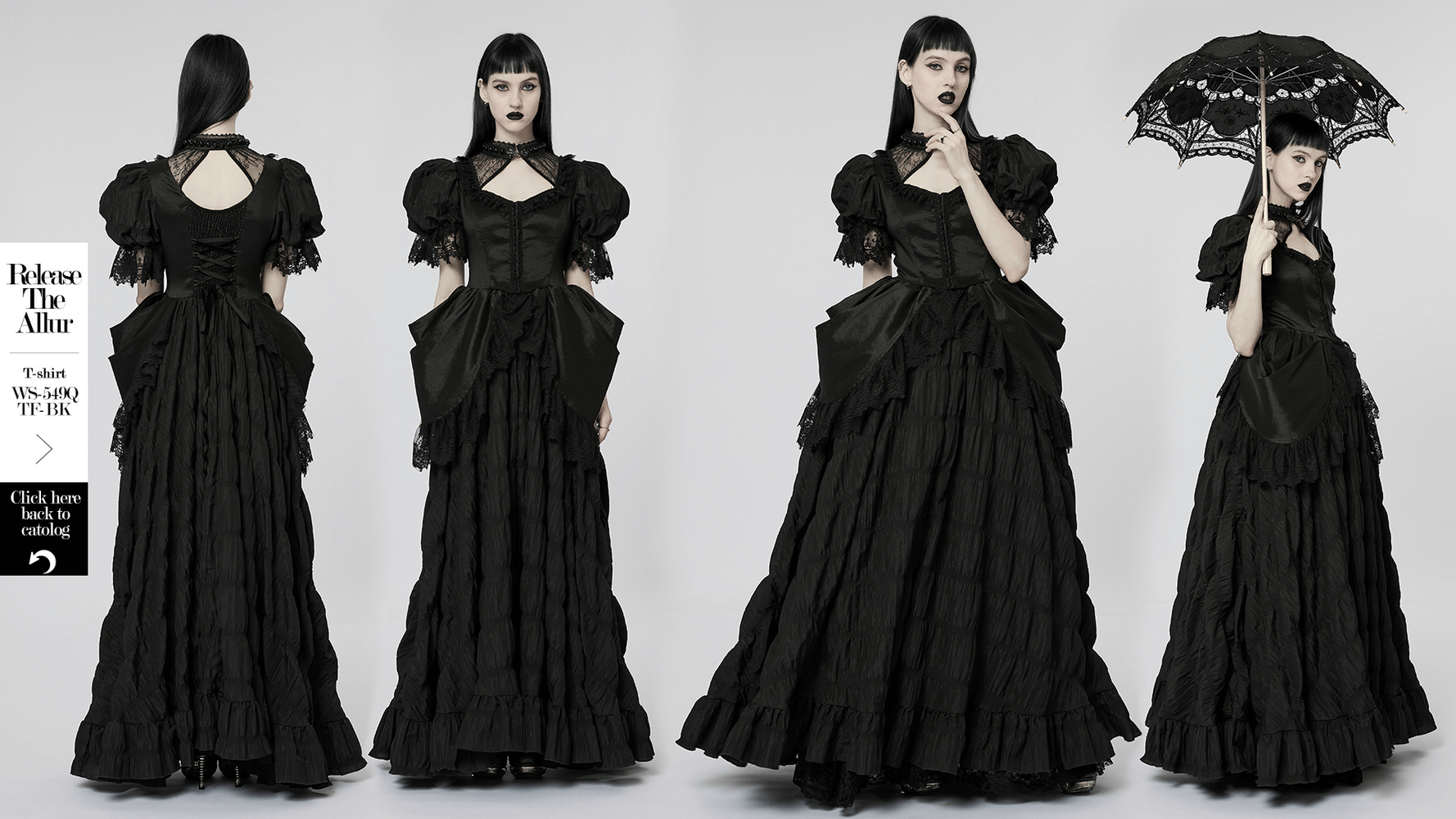 Elegant Victorian Gothic lace ruffles evening gown, showcasing bubble sleeves and a voluminous skirt in stunning black.