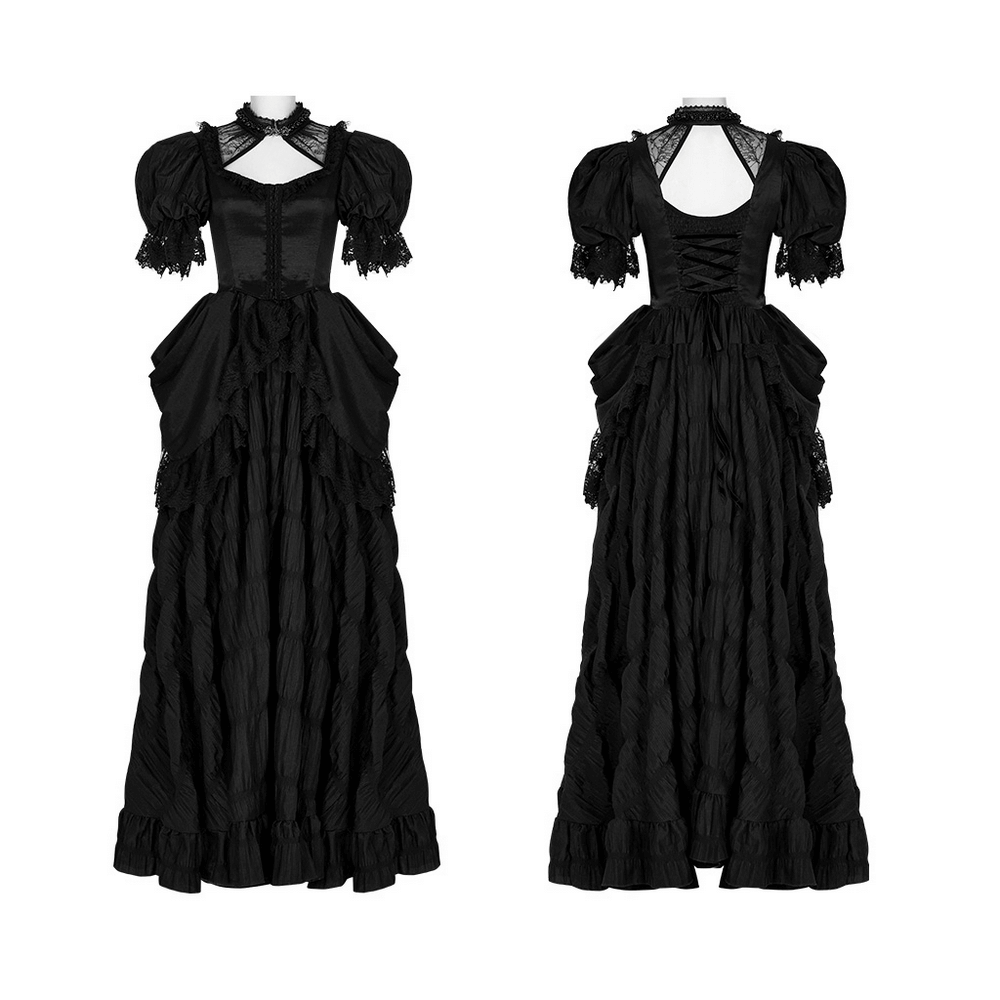 Elegant Victorian Gothic lace ruffles evening gown with bubble sleeves and voluminous skirt, showcasing dark elegance.