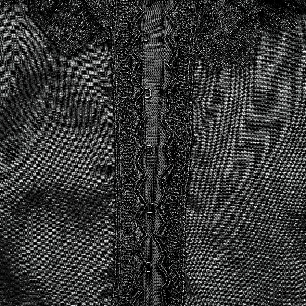 Close-up of the elegant lace and clasp details on a Victorian Gothic evening gown.