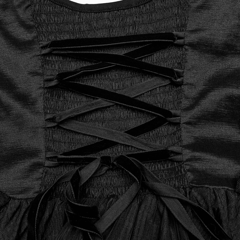 Elegant black lace-up back detail of Victorian Gothic evening gown with smooth pleated fabric.