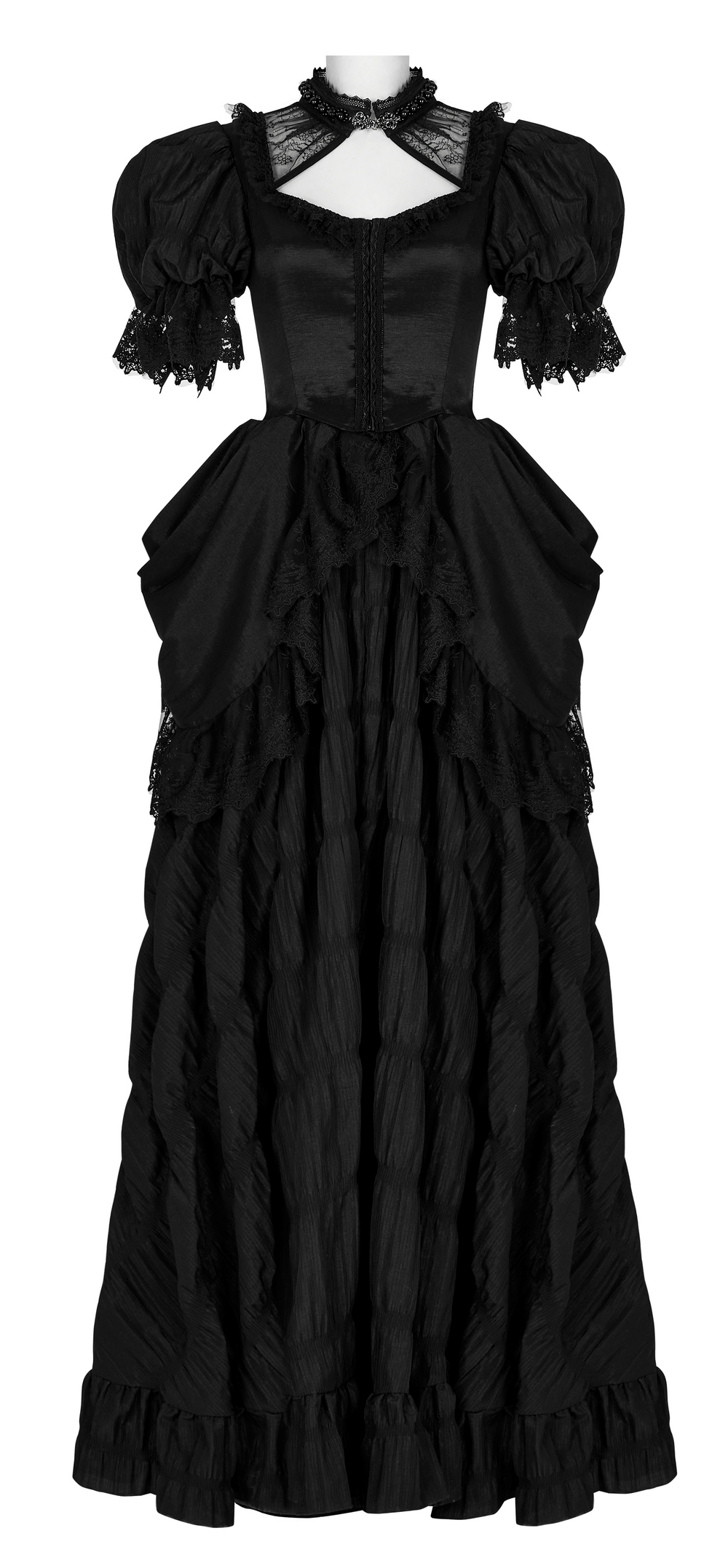 Elegant Victorian Gothic lace evening gown with ruffles, bubble sleeves, and a luxurious pearl-embellished collar.