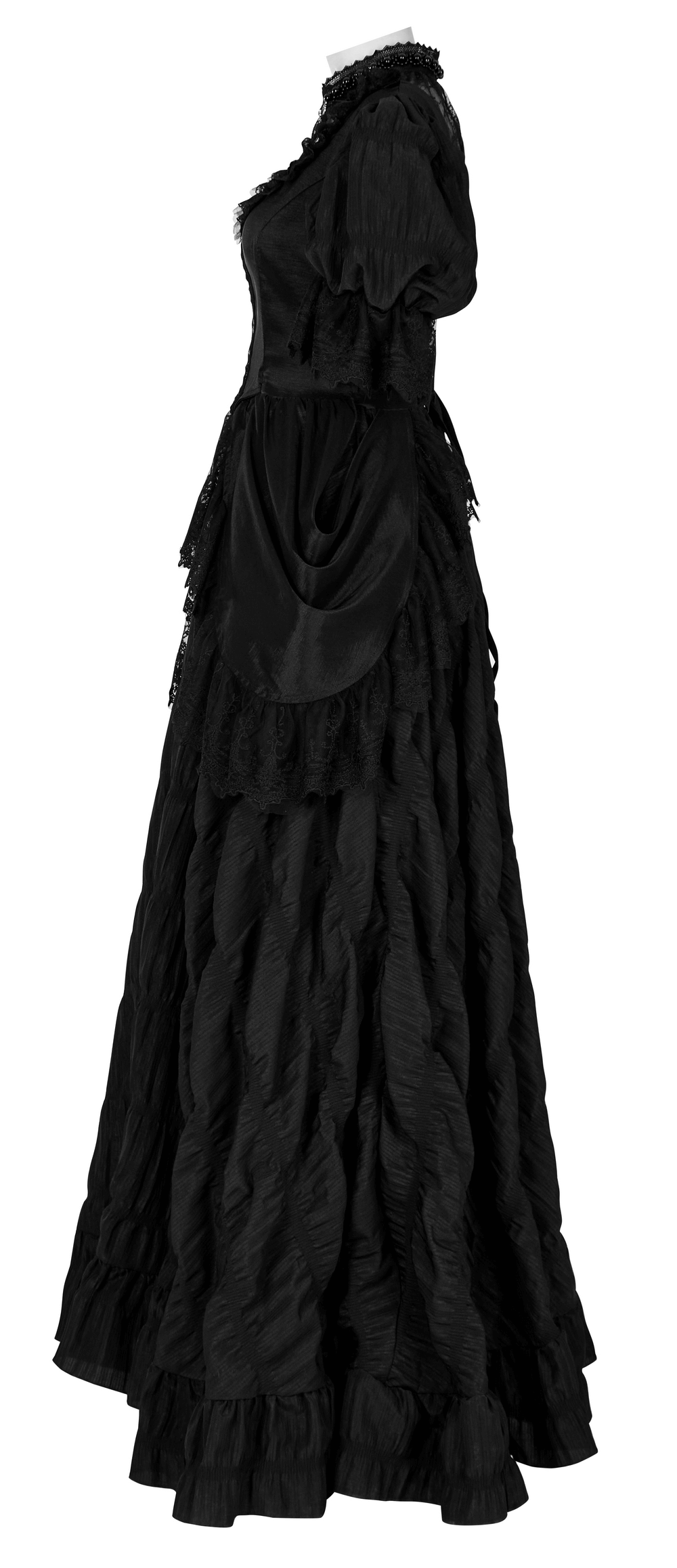 Elegant Victorian Gothic evening gown featuring lace ruffles and bubble sleeves in luscious black fabric.