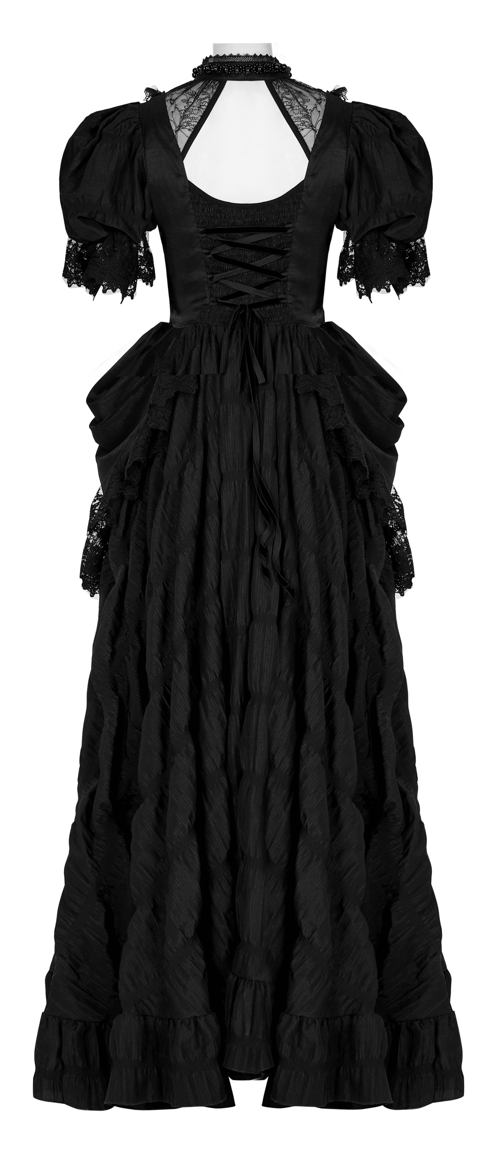 Elegant Victorian Gothic lace evening gown with ruffles, bubble sleeves, and lace collar, perfect for dark elegance.
