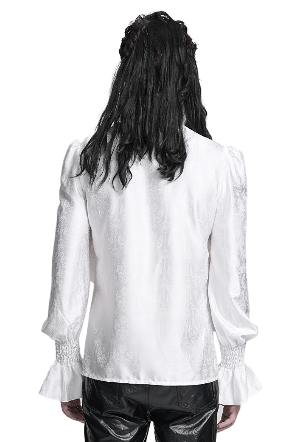 Back view of an elegant Victorian gothic ruffled long sleeve white shirt with smocked cuffs and flared ruffles for a stylish look.