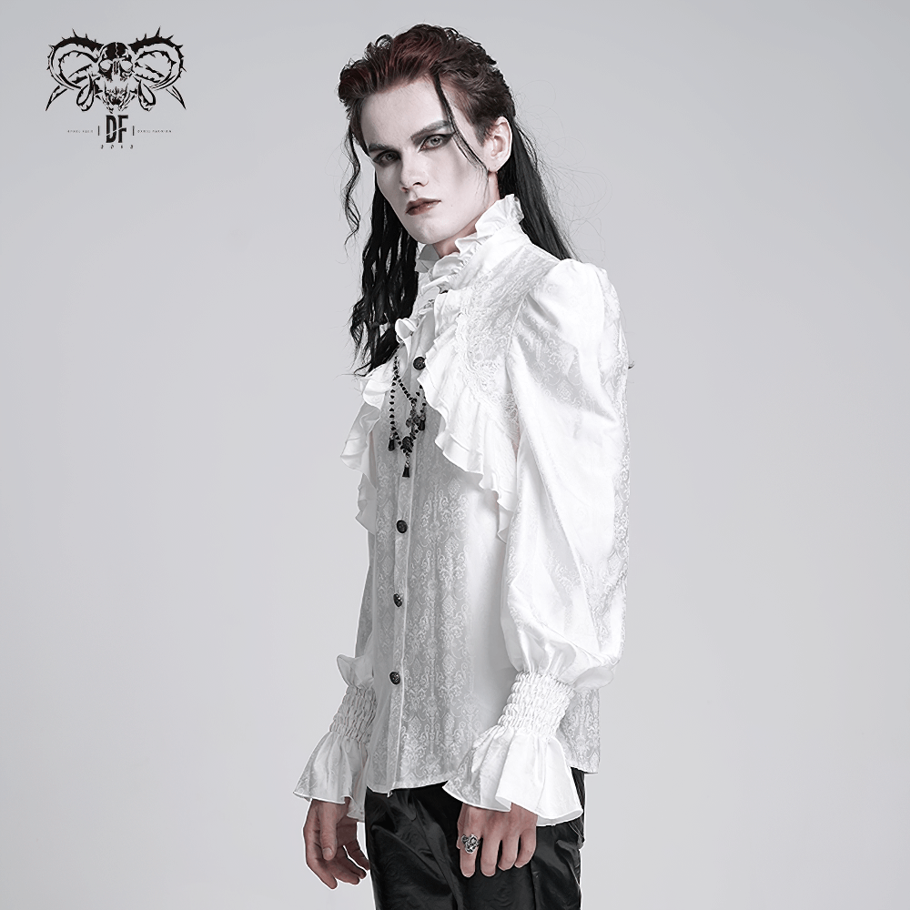 Elegant Victorian Gothic ruffled long sleeve white shirt with high collar and smocked cuffs for steampunk style.