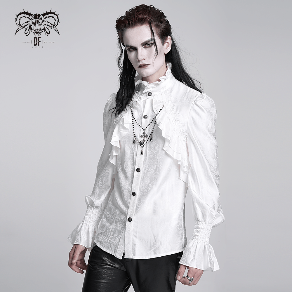 Elegant Victorian Gothic white shirt with ruffles, high collar, and flared cuffs, perfect for steampunk and cosplay styles.