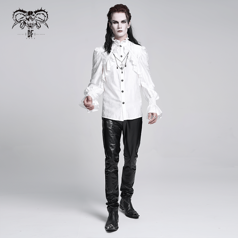 Elegant Victorian Gothic ruffled white shirt styled for steampunk fashion, paired with sleek black pants.