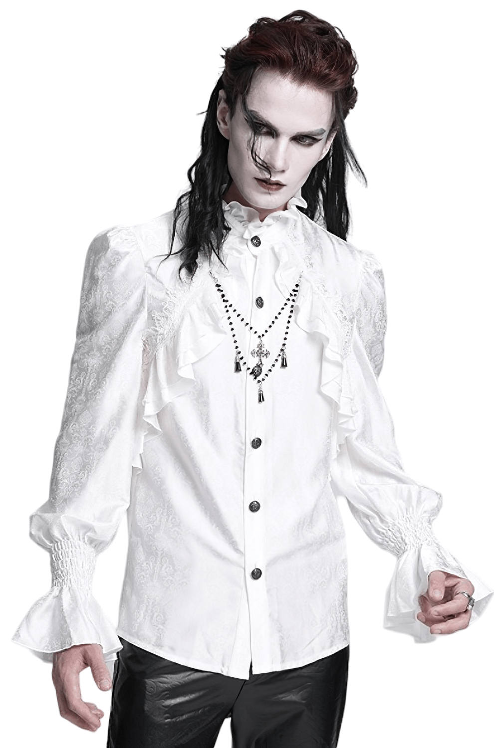 Elegant Victorian Gothic ruffled long sleeve white shirt with high collar, perfect for steampunk and cosplay styles.