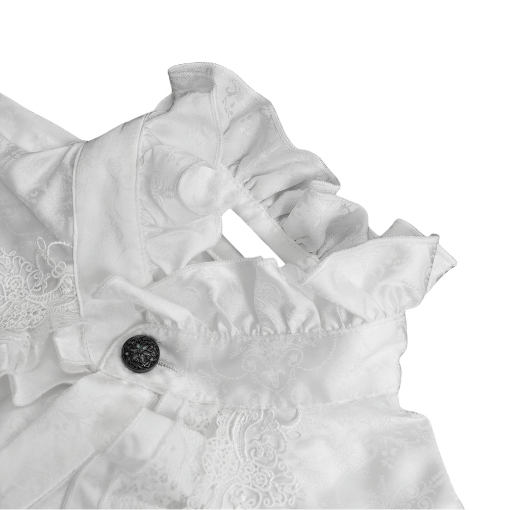 Close-up of elegant Victorian gothic white shirt with ruffled collar and decorative button detail. Perfect for steampunk style.